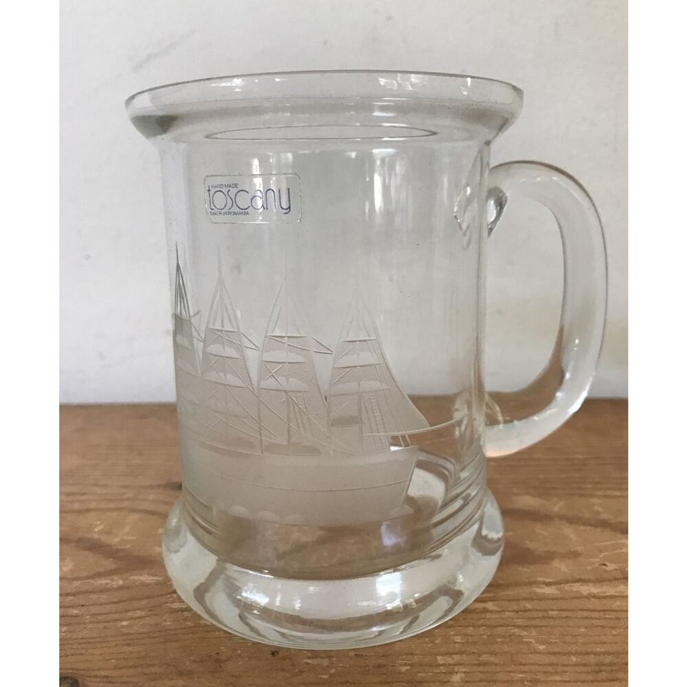 Vintage Handmade Toscany Romanian Glass Crystal Big Sailing Ship Etched Beer Mug